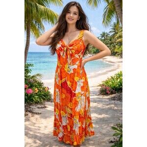 VINTAGE Malihini Hawaii Designer's Collection Orange  Floral Maxi Dress Sz 2